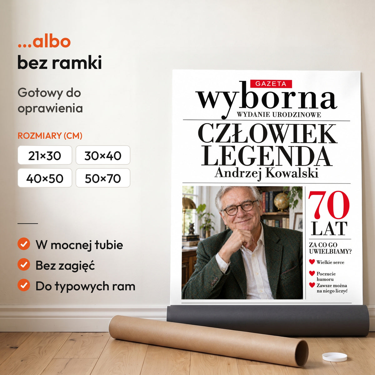 GAZETA WYBORNA — plakat bez ramki, gotowy do oprawienia: rozwinięty z rolki, obok tuba do wysyłki. C-PL-GAZ-14-2130-NF
