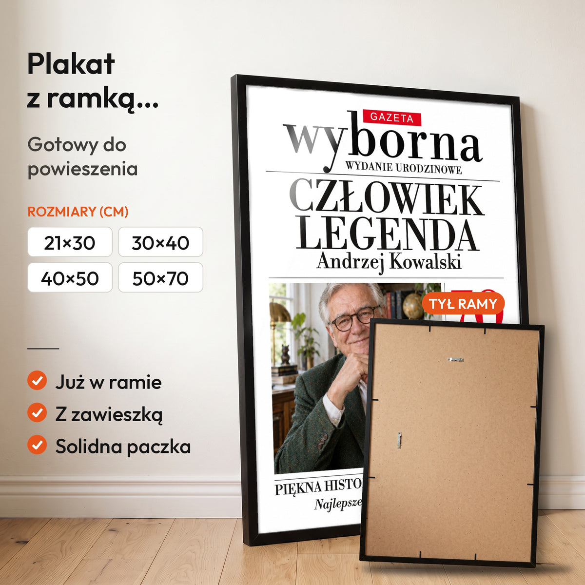 GAZETA WYBORNA — plakat z ramką, gotowy do powieszenia: czarna rama od przodu i tył ramy z zawieszką. C-PL-GAZ-14-2130-NF
