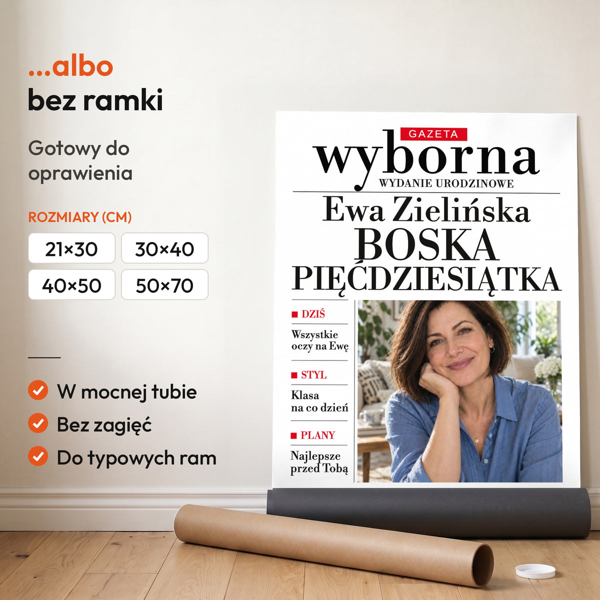 GAZETA WYBORNA — plakat bez ramki, gotowy do oprawienia: rozwinięty z rolki, obok tuba do wysyłki. C-PL-GAZ-13-2130-NF