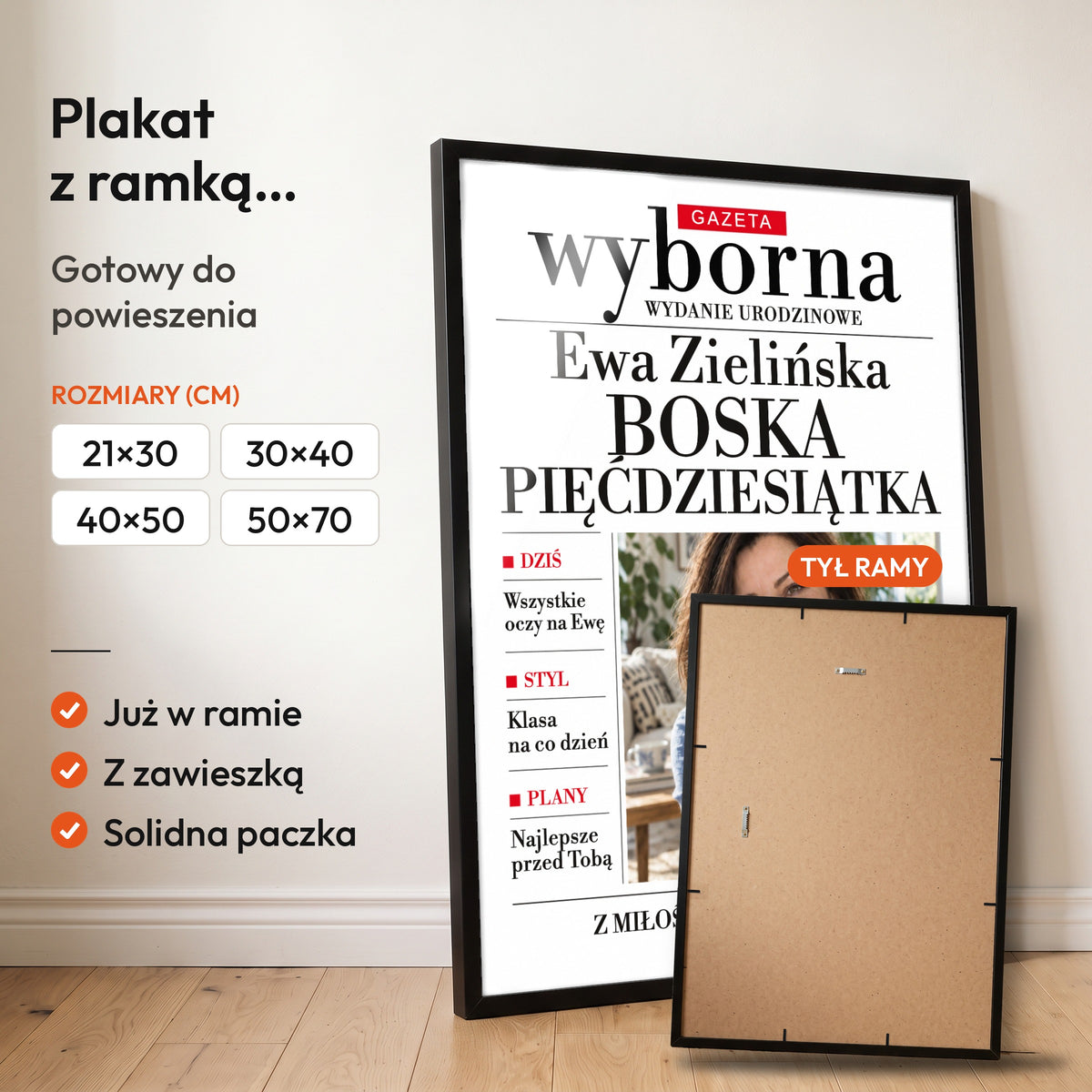 GAZETA WYBORNA — plakat z ramką, gotowy do powieszenia: czarna rama od przodu i tył ramy z zawieszką. C-PL-GAZ-13-2130-NF