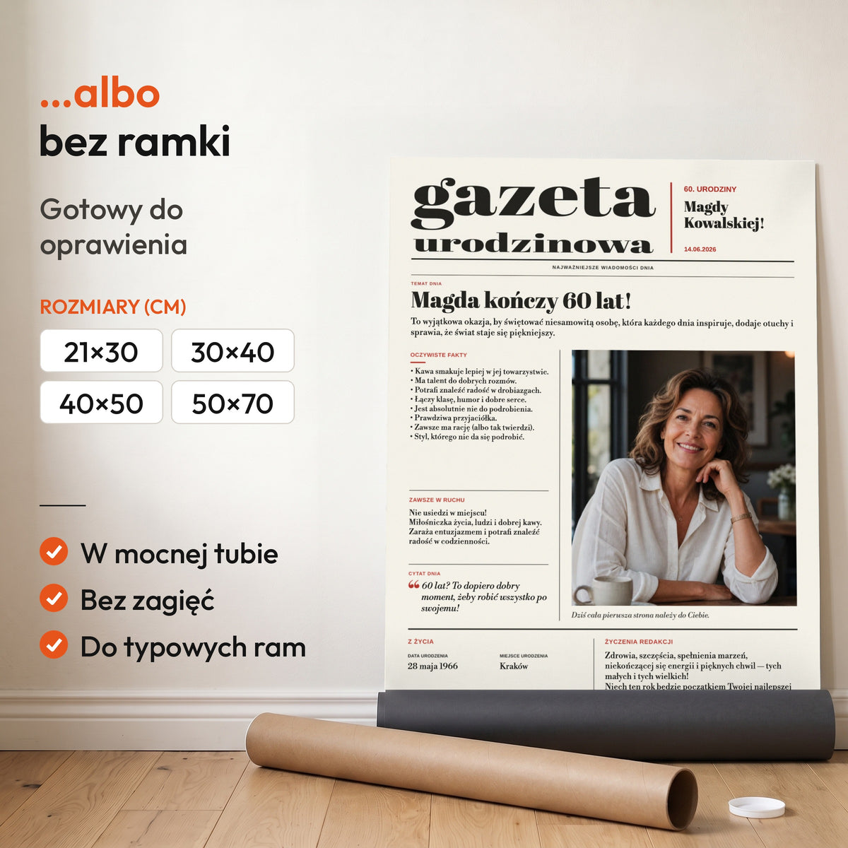 Gazeta urodzinowa — plakat bez ramki, gotowy do oprawienia: rozwinięty z rolki, obok tuba do wysyłki. C-PL-GAZ-2-2130-NF