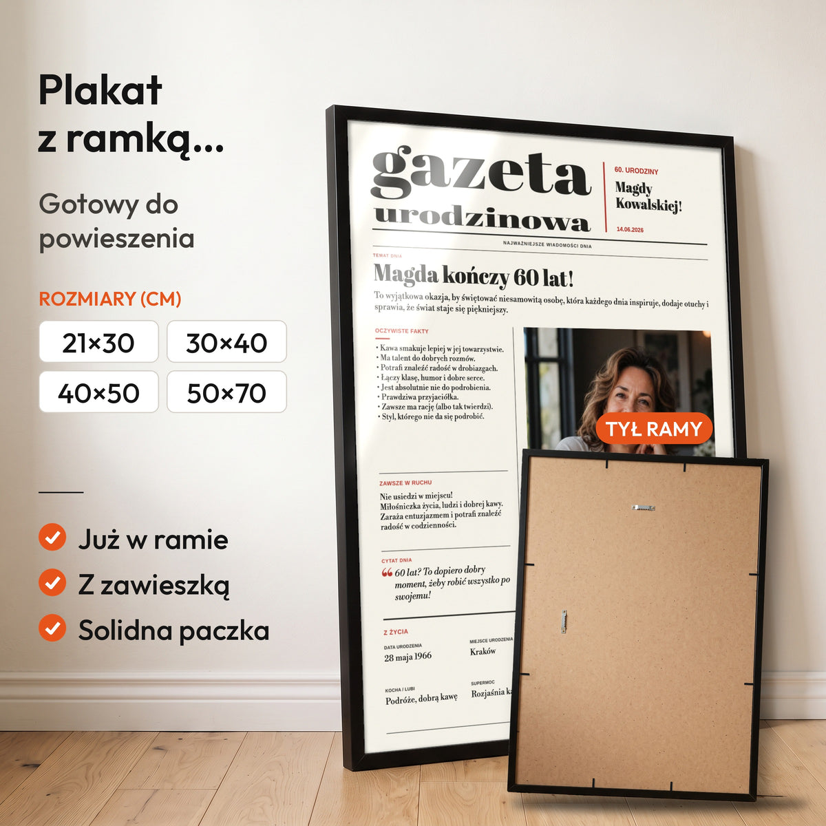 Gazeta urodzinowa — plakat z ramką, gotowy do powieszenia: czarna rama od przodu i tył ramy z zawieszką. C-PL-GAZ-2-2130-NF