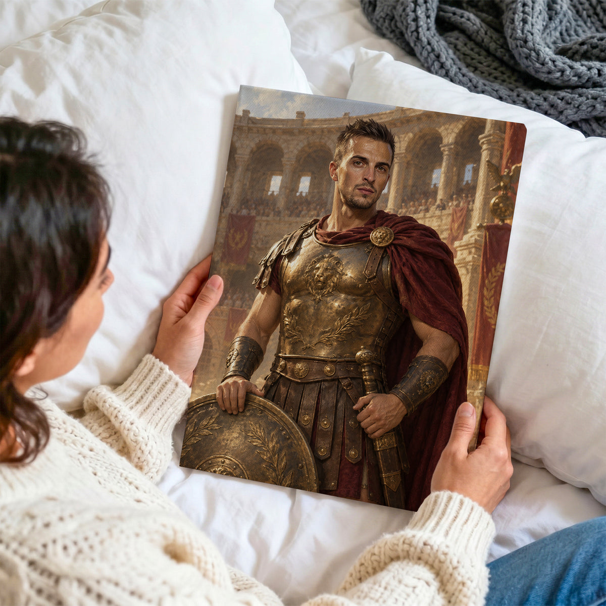 Gladiator — personalizowany obraz na płótnie oglądany z bliska i trzymany w dłoniach na tle jasnej pościeli. C-CV-ROY-22-2030
