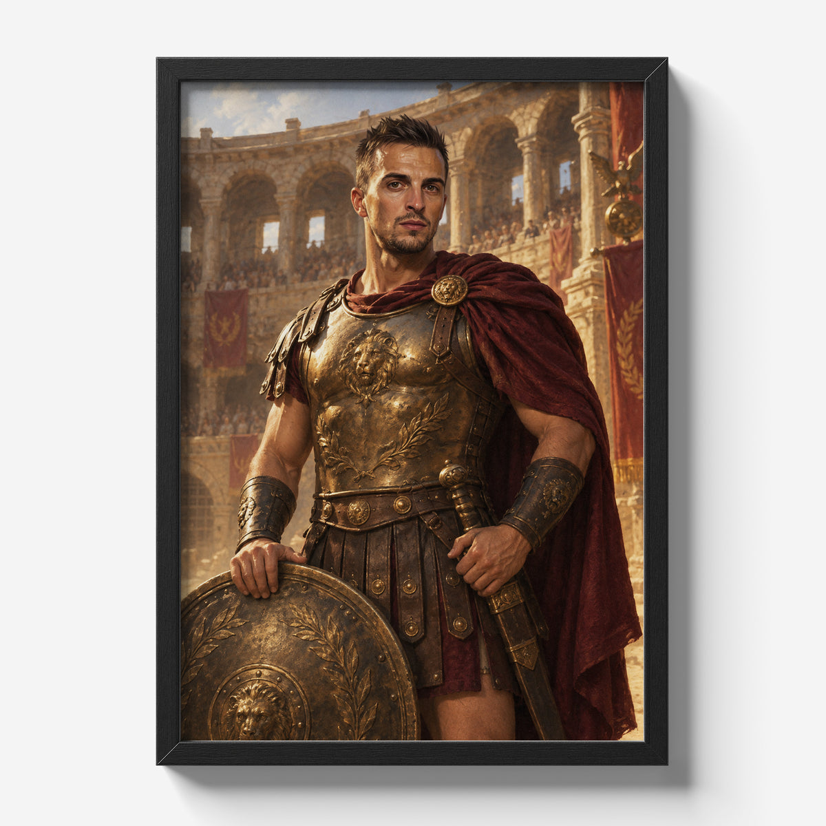 Gladiator — plakat ze zdjęcia w czarnej ramie na jasnym tle, z portretem mężczyzny w zbroi, z okrągłą tarczą na tle antycznej areny.