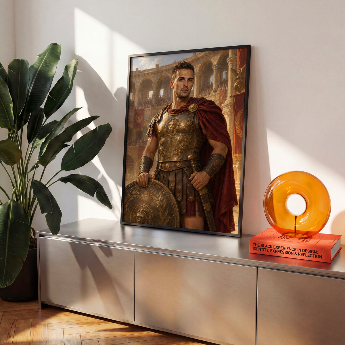 Gladiator — plakat w czarnej ramie na komodzie we wnętrzu, z portretem mężczyzny w zbroi, z okrągłą tarczą na tle antycznej areny. C-PL-ROY-22-2130-NF