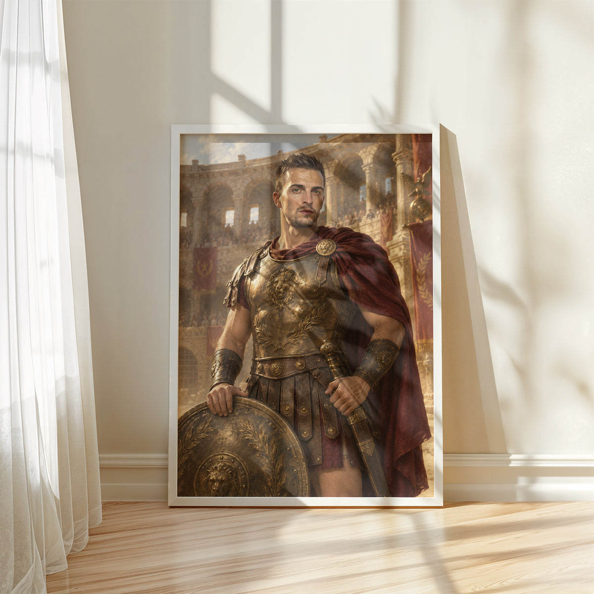Gladiator — plakat w białej ramie przy oknie, z portretem mężczyzny w zbroi, z okrągłą tarczą na tle antycznej areny. C-PL-ROY-22-2130-NF