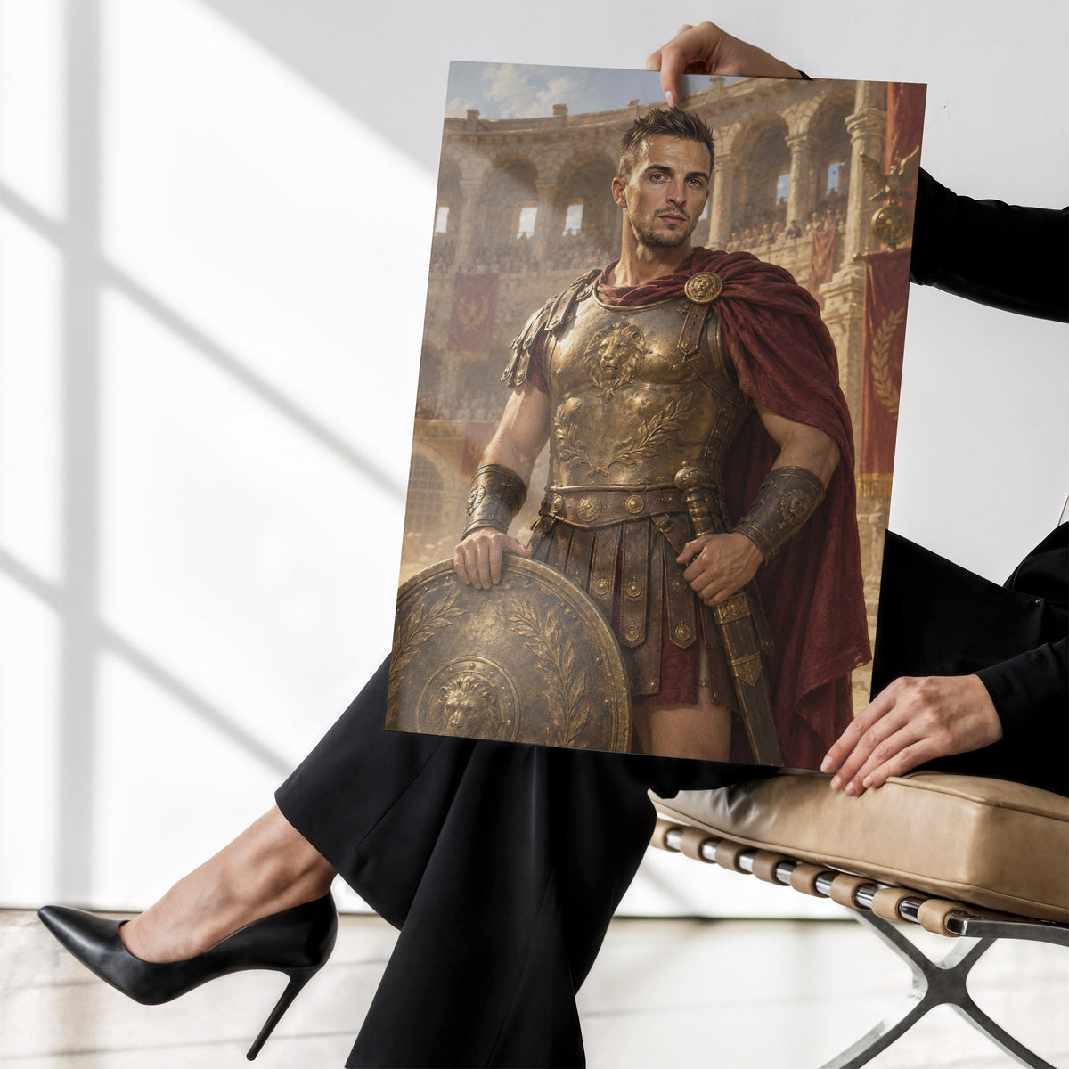 Gladiator — plakat bez ramki trzymany w dłoniach, z portretem mężczyzny w zbroi, z okrągłą tarczą na tle antycznej areny. C-PL-ROY-22-2130-NF