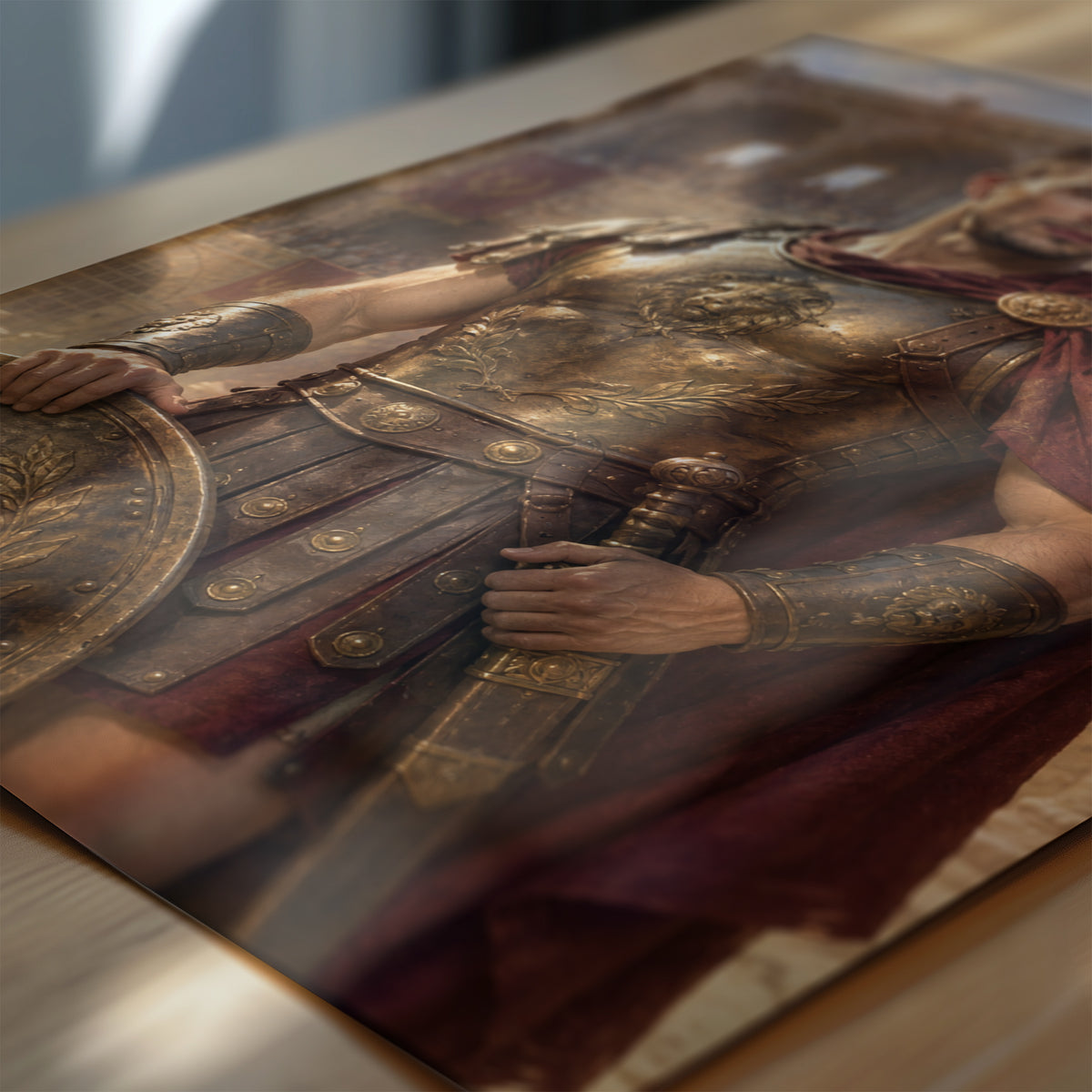 Zbliżenie plakatu Gladiator: detale malarskiego kostiumu, rekwizytów i tła na papierze fotograficznym. C-PL-ROY-22-2130-NF
