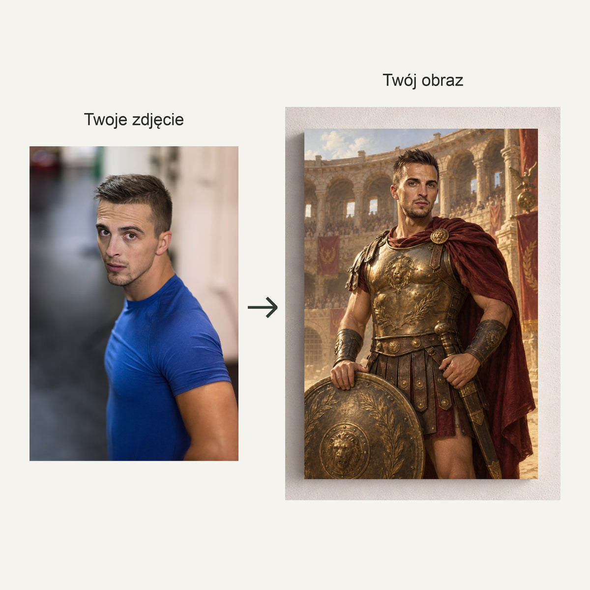 Gladiator — fotografia źródłowa i rzeczywisty portret ze zdjęcia na płótnie, pokazane obok siebie ze strzałką przed i po. C-CV-ROY-22-2030