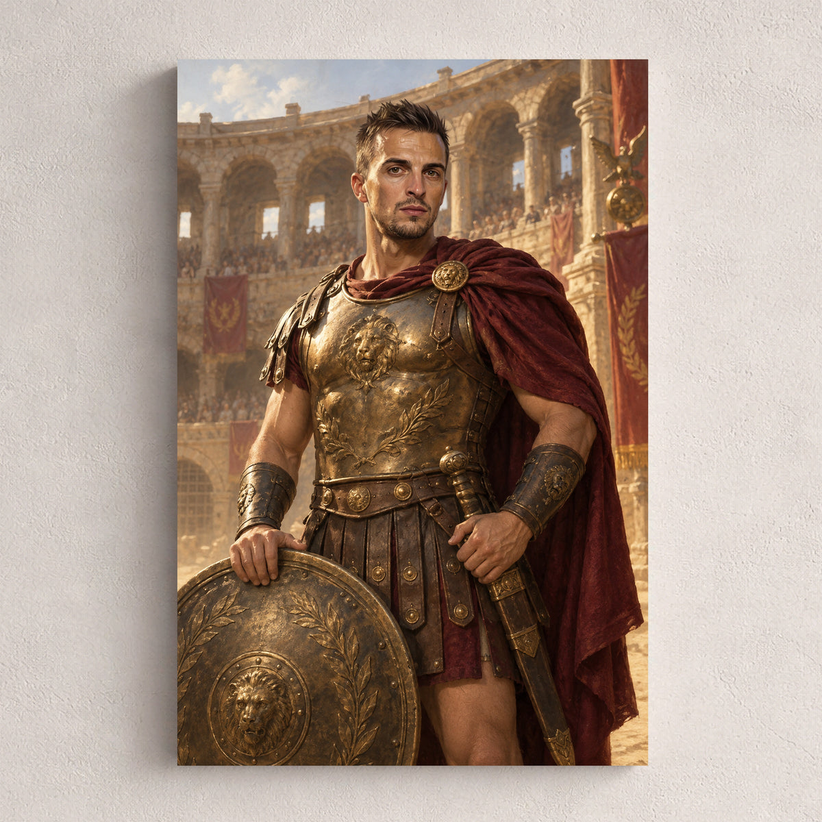 Gladiator — personalizowany portret ze zdjęcia na płótnie, przykład obrazu w rozmiarze 20×30 cm na jasnej ścianie.