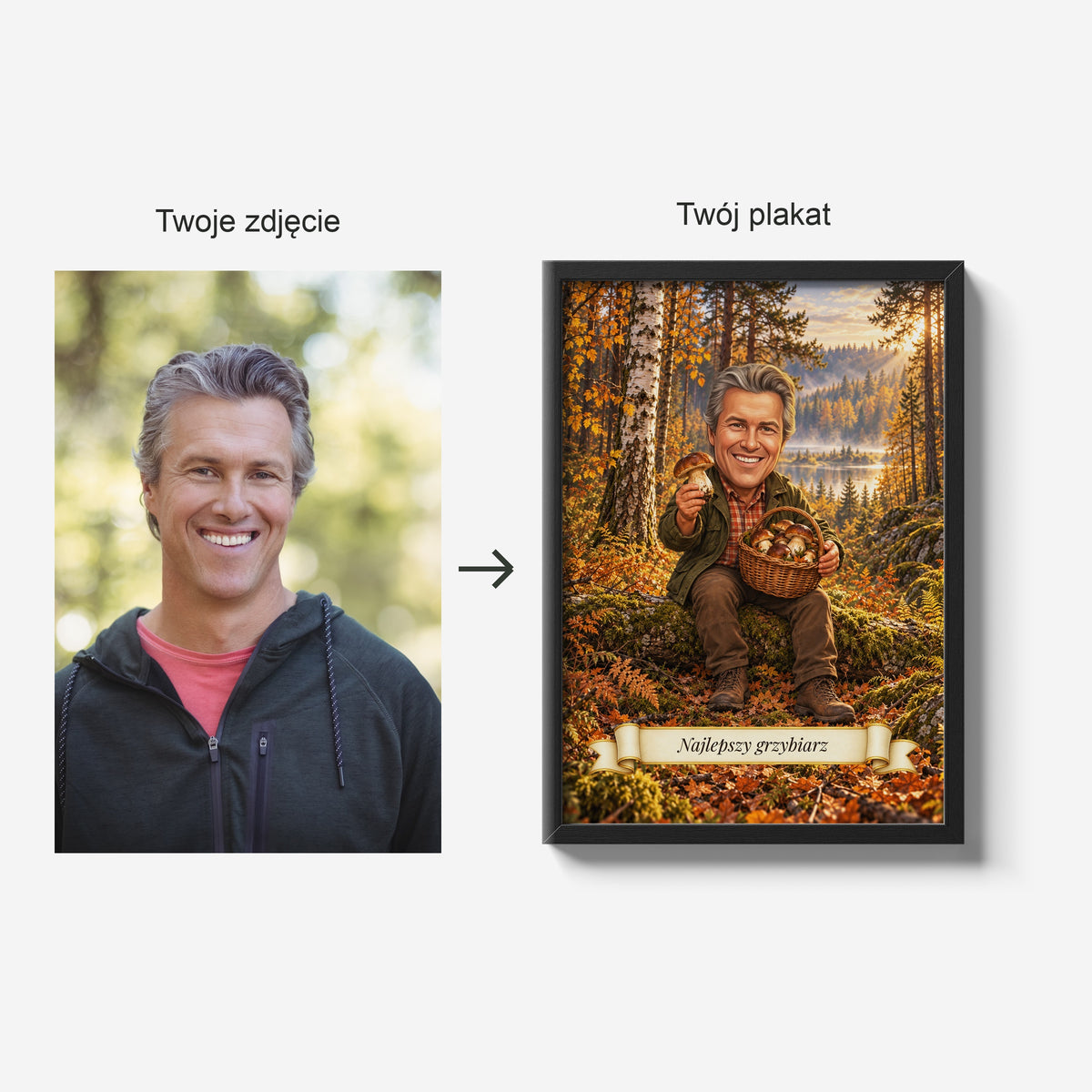 Grzybiarz — zdjęcie przed i karykatura po personalizacji C-PL-KAR-10-2130-NF