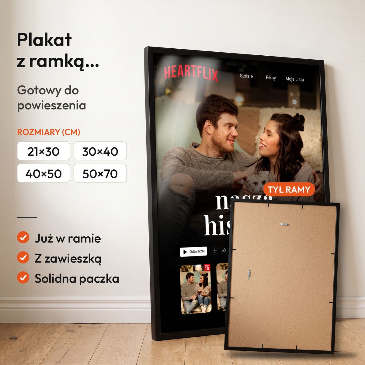 Heartflix — plakat z ramką, gotowy do powieszenia: czarna rama od przodu i tył ramy z zawieszką. C-PL-HEART-3-2130-NF