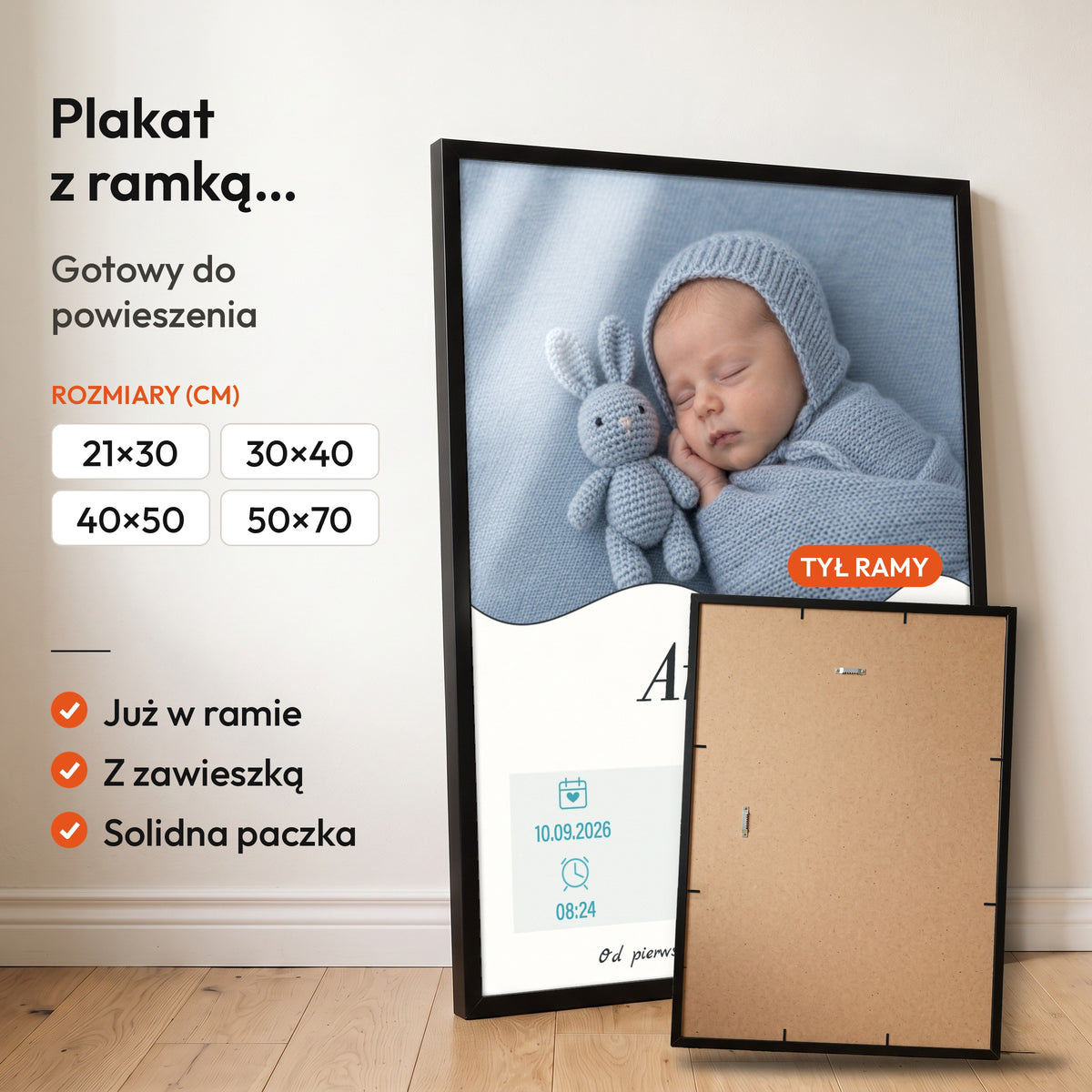 Metryczka Błękitna Opowieść — plakat z ramką, gotowy do powieszenia: czarna rama od przodu i tył ramy z zawieszką. C-PL-BABY-5-2130-NF