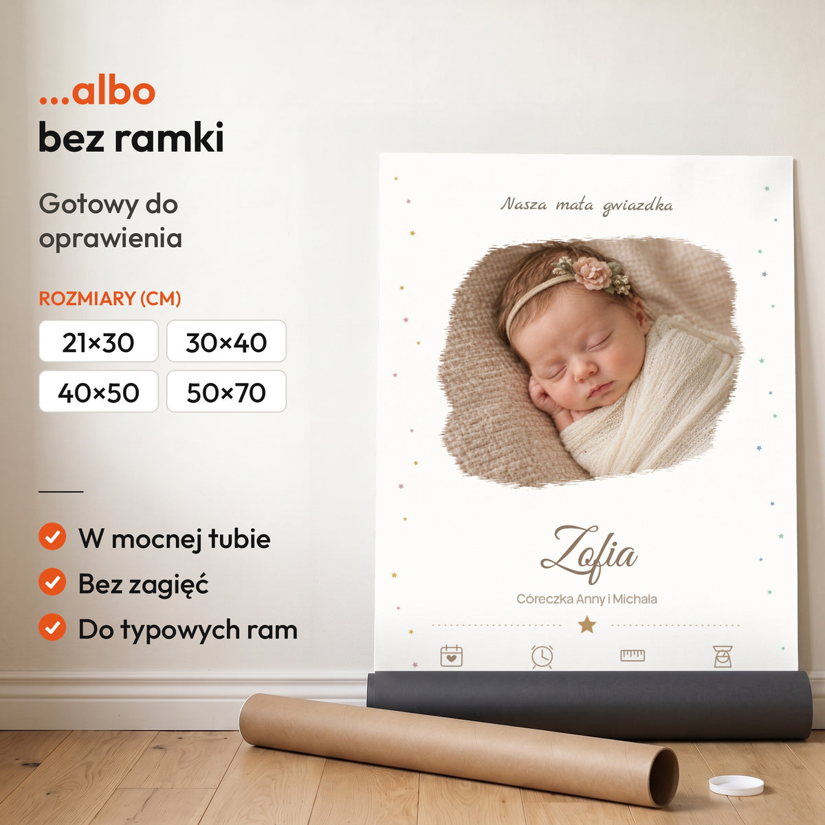 Metryczka Mała Gwiazdka — plakat bez ramki, gotowy do oprawienia: rozwinięty z rolki, obok tuba do wysyłki. C-PL-BABY-6-2130-NF
