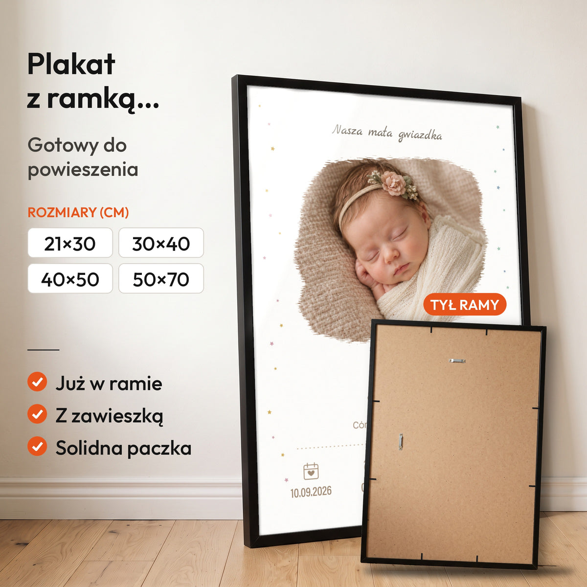 Metryczka Mała Gwiazdka — plakat z ramką, gotowy do powieszenia: czarna rama od przodu i tył ramy z zawieszką. C-PL-BABY-6-2130-NF