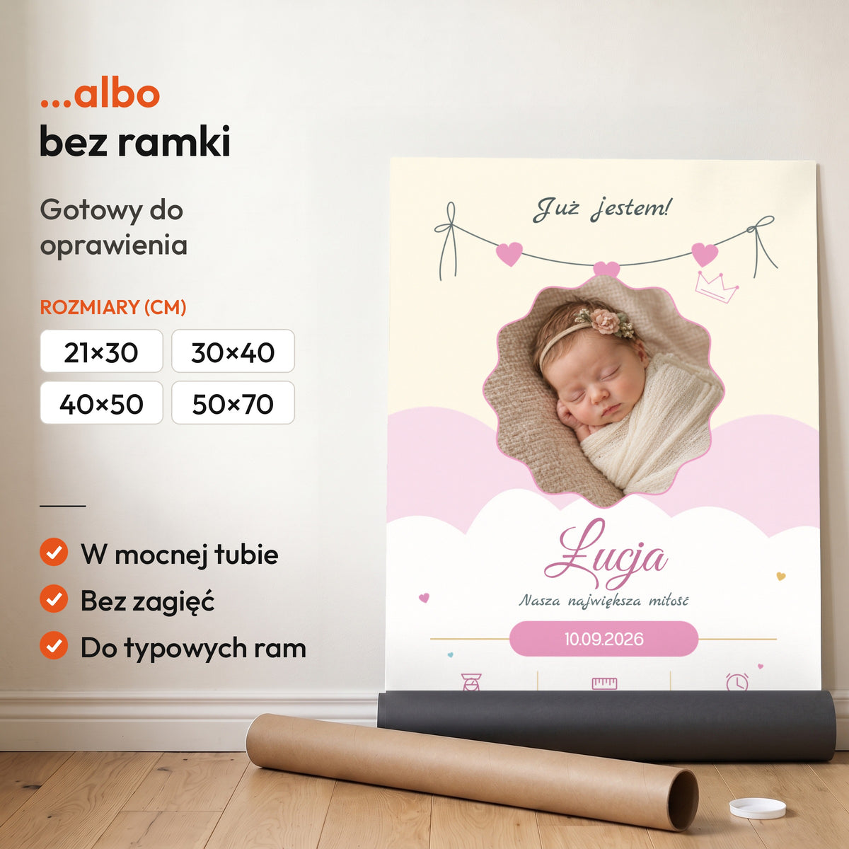 Metryczka Różowa Girlanda — plakat bez ramki, gotowy do oprawienia: rozwinięty z rolki, obok tuba do wysyłki. C-PL-BABY-7-2130-NF