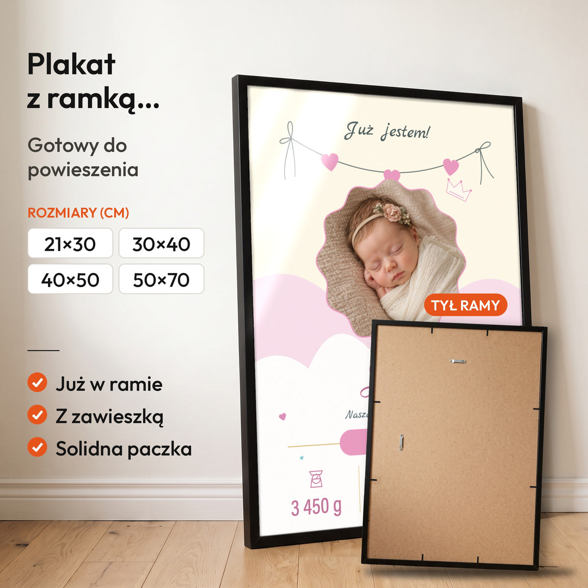 Metryczka Różowa Girlanda — plakat z ramką, gotowy do powieszenia: czarna rama od przodu i tył ramy z zawieszką. C-PL-BABY-7-2130-NF
