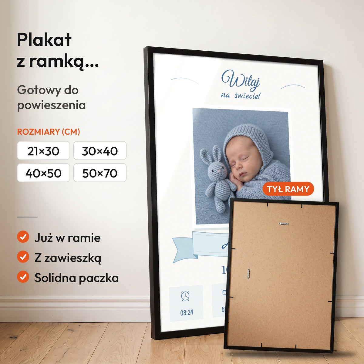 Metryczka Witaj Na Świecie — plakat z ramką, gotowy do powieszenia: czarna rama od przodu i tył ramy z zawieszką. C-PL-BABY-8-2130-NF