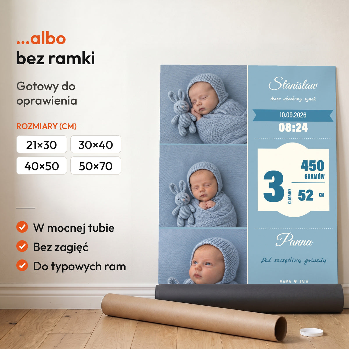 Metryczka Trzy Pierwsze Kadry — plakat bez ramki, gotowy do oprawienia: rozwinięty z rolki, obok tuba do wysyłki. C-PL-BABY-9-2130-NF