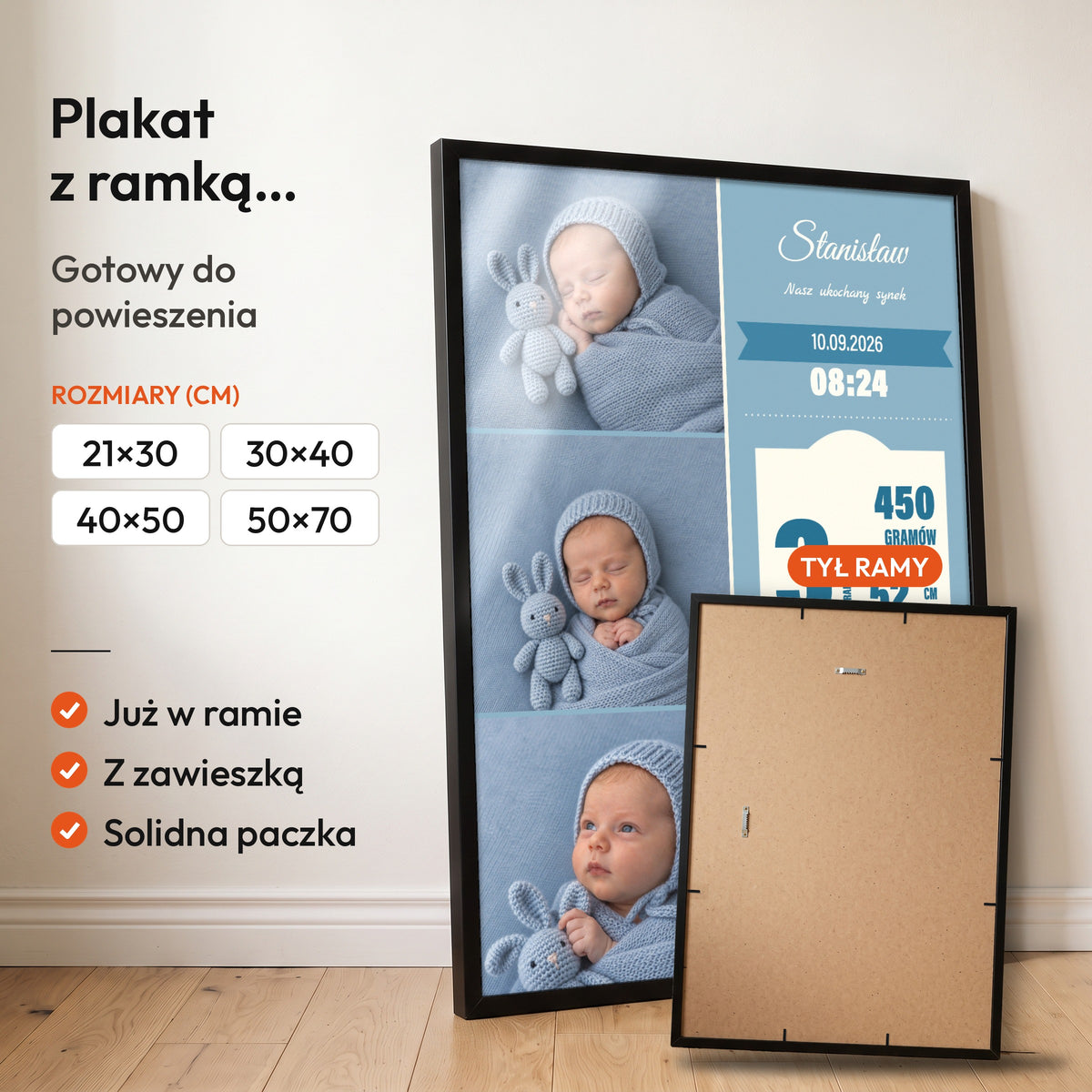 Metryczka Trzy Pierwsze Kadry — plakat z ramką, gotowy do powieszenia: czarna rama od przodu i tył ramy z zawieszką. C-PL-BABY-9-2130-NF