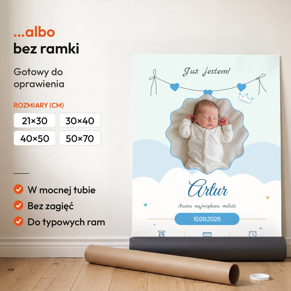 Metryczka Błękitna Girlanda — plakat bez ramki, gotowy do oprawienia: rozwinięty z rolki, obok tuba do wysyłki. C-PL-BABY-10-2130-NF