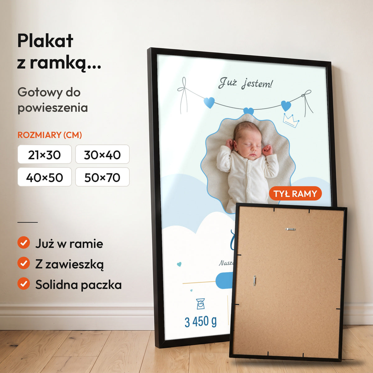 Metryczka Błękitna Girlanda — plakat z ramką, gotowy do powieszenia: czarna rama od przodu i tył ramy z zawieszką. C-PL-BABY-10-2130-NF