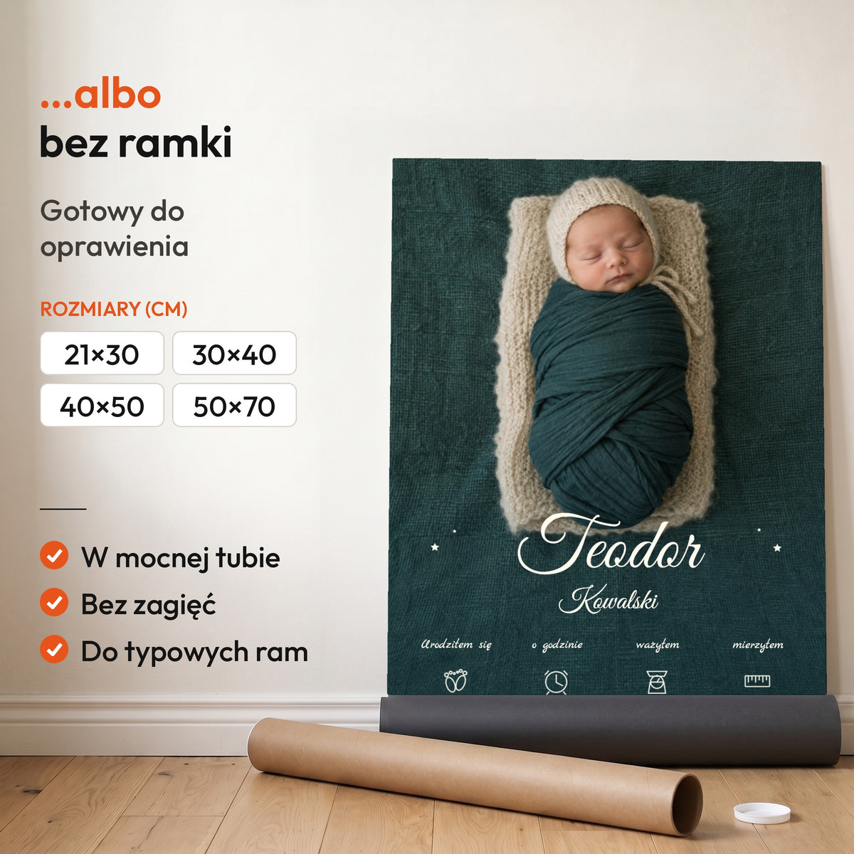 Metryczka Maleńki Wielki Świat — plakat bez ramki, gotowy do oprawienia: rozwinięty z rolki, obok tuba do wysyłki. C-PL-BABY-11-2130-NF