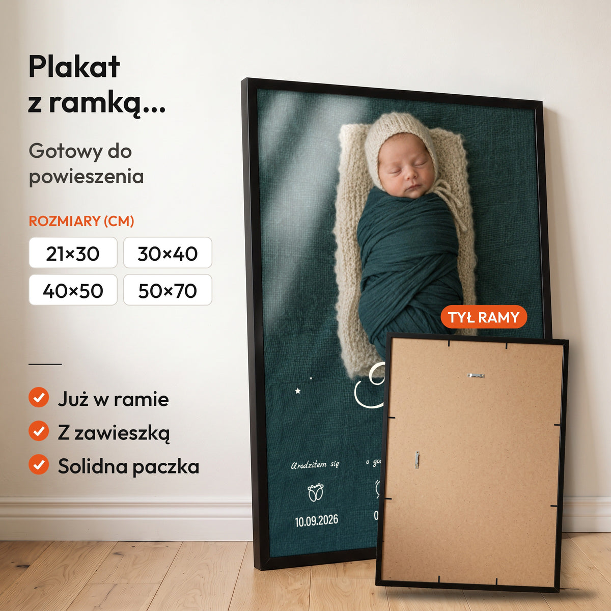 Metryczka Maleńki Wielki Świat — plakat z ramką, gotowy do powieszenia: czarna rama od przodu i tył ramy z zawieszką. C-PL-BABY-11-2130-NF