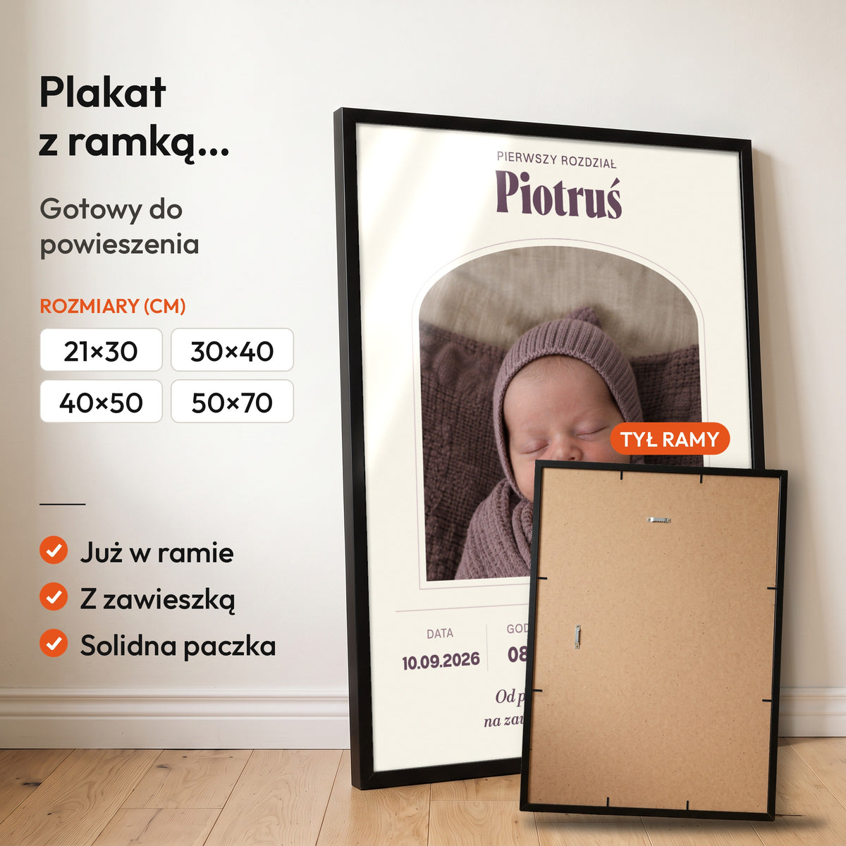 Metryczka Pierwszy Rozdział — plakat z ramką, gotowy do powieszenia: czarna rama od przodu i tył ramy z zawieszką. C-PL-BABY-12-2130-NF