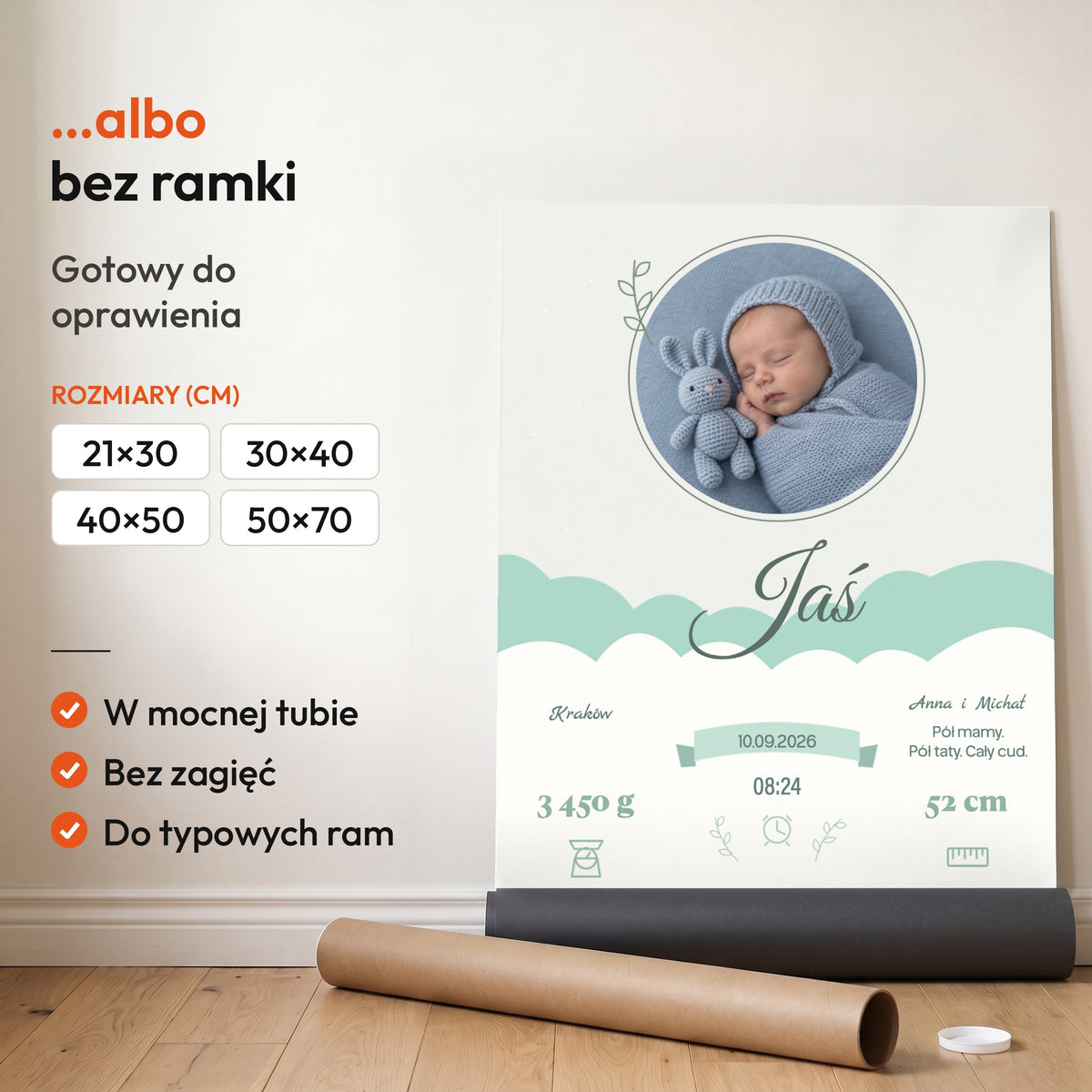 Metryczka Miętowe Niebo — plakat bez ramki, gotowy do oprawienia: rozwinięty z rolki, obok tuba do wysyłki. C-PL-BABY-13-2130-NF