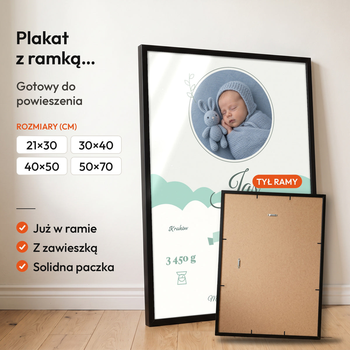 Metryczka Miętowe Niebo — plakat z ramką, gotowy do powieszenia: czarna rama od przodu i tył ramy z zawieszką. C-PL-BABY-13-2130-NF