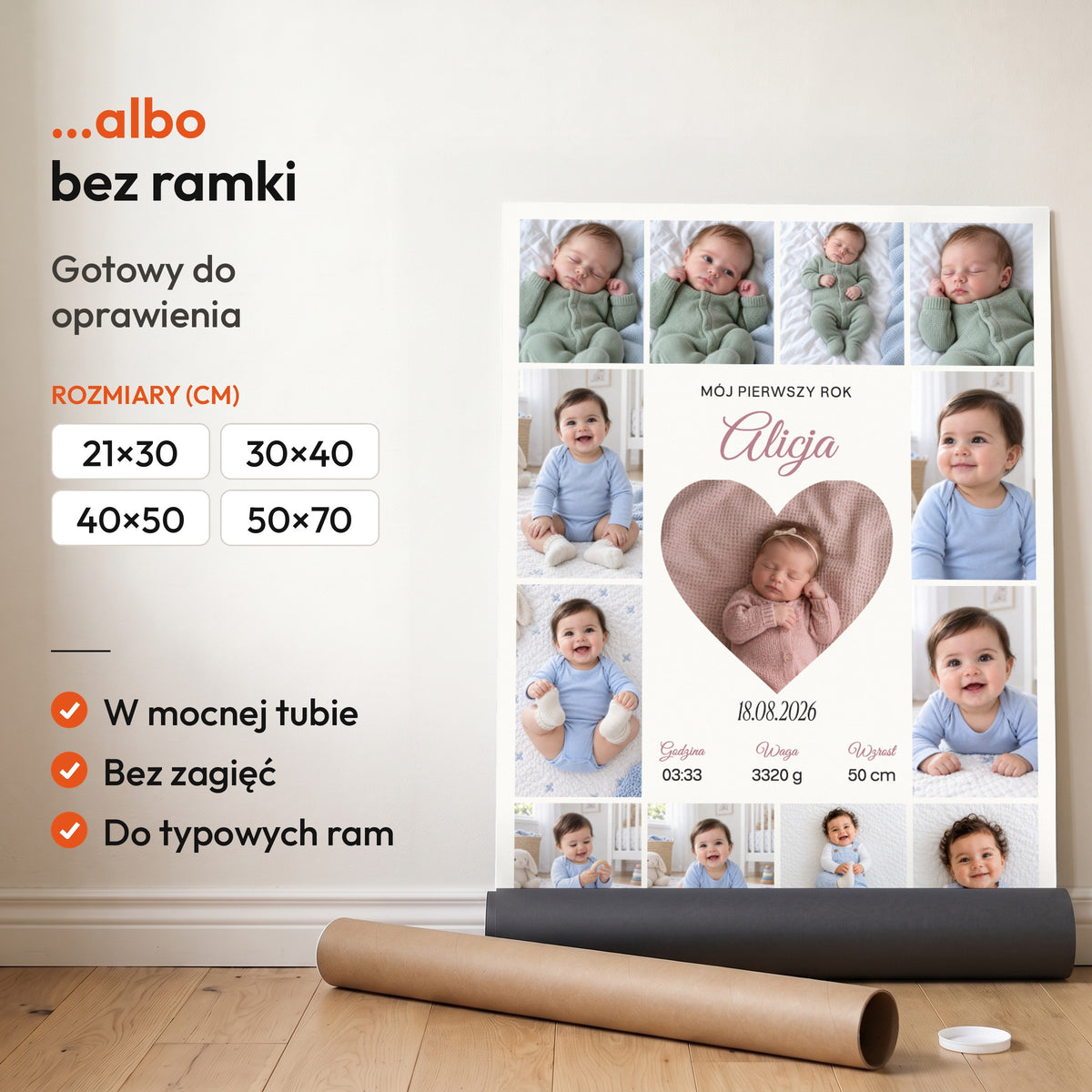 Pierwszy Rok Dziecka — plakat bez ramki, gotowy do oprawienia: rozwinięty z rolki, obok tuba do wysyłki. C-PL-BABY-14-2130-NF