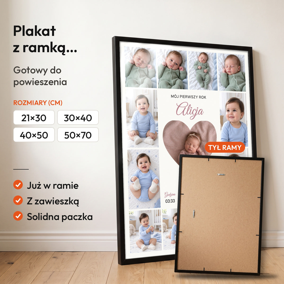 Pierwszy Rok Dziecka — plakat z ramką, gotowy do powieszenia: czarna rama od przodu i tył ramy z zawieszką. C-PL-BABY-14-2130-NF