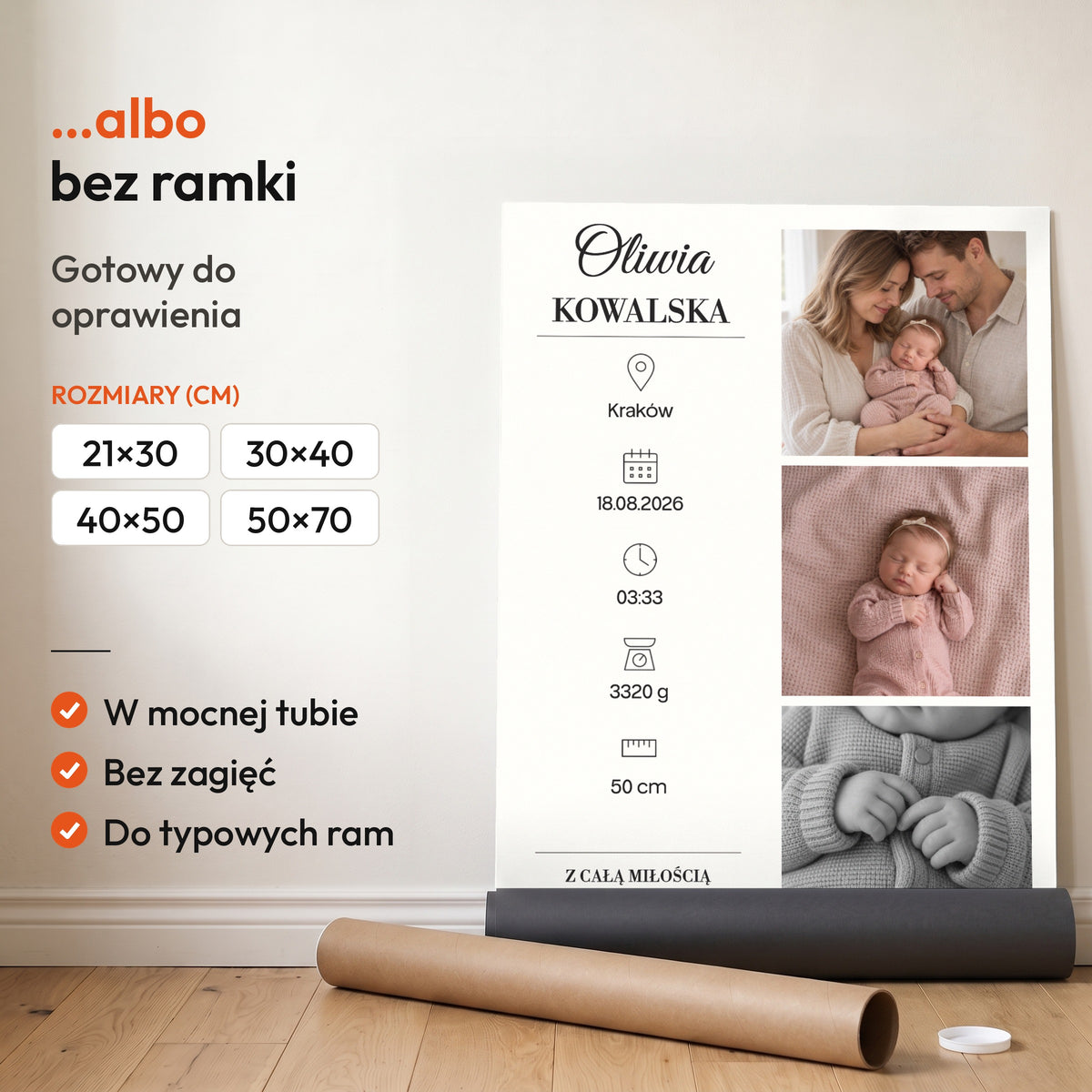 Metryczka Pierwsze Chwile — plakat bez ramki, gotowy do oprawienia: rozwinięty z rolki, obok tuba do wysyłki. C-PL-BABY-15-2130-NF