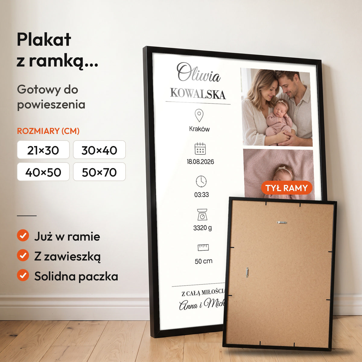 Metryczka Pierwsze Chwile — plakat z ramką, gotowy do powieszenia: czarna rama od przodu i tył ramy z zawieszką. C-PL-BABY-15-2130-NF