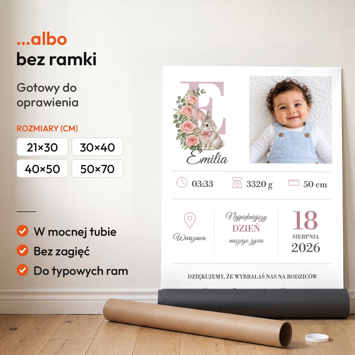 Metryczka Róże I Króliczek — plakat bez ramki, gotowy do oprawienia: rozwinięty z rolki, obok tuba do wysyłki. C-PL-BABY-16-2130-NF