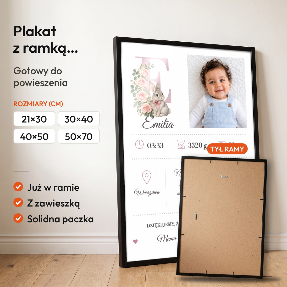 Metryczka Róże I Króliczek — plakat z ramką, gotowy do powieszenia: czarna rama od przodu i tył ramy z zawieszką. C-PL-BABY-16-2130-NF