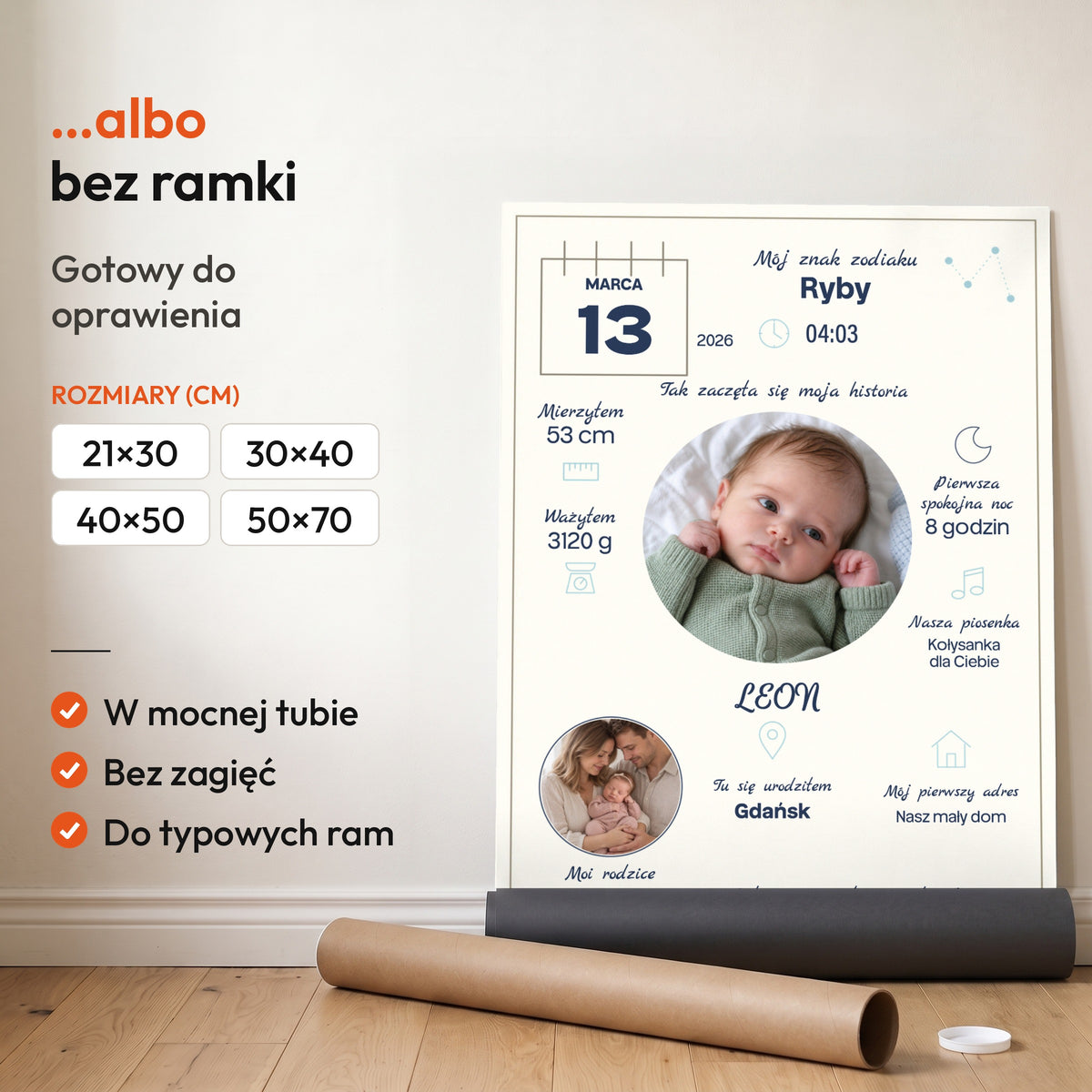 Metryczka Mój Pierwszy Dzień — plakat bez ramki, gotowy do oprawienia: rozwinięty z rolki, obok tuba do wysyłki. C-PL-BABY-17-2130-NF