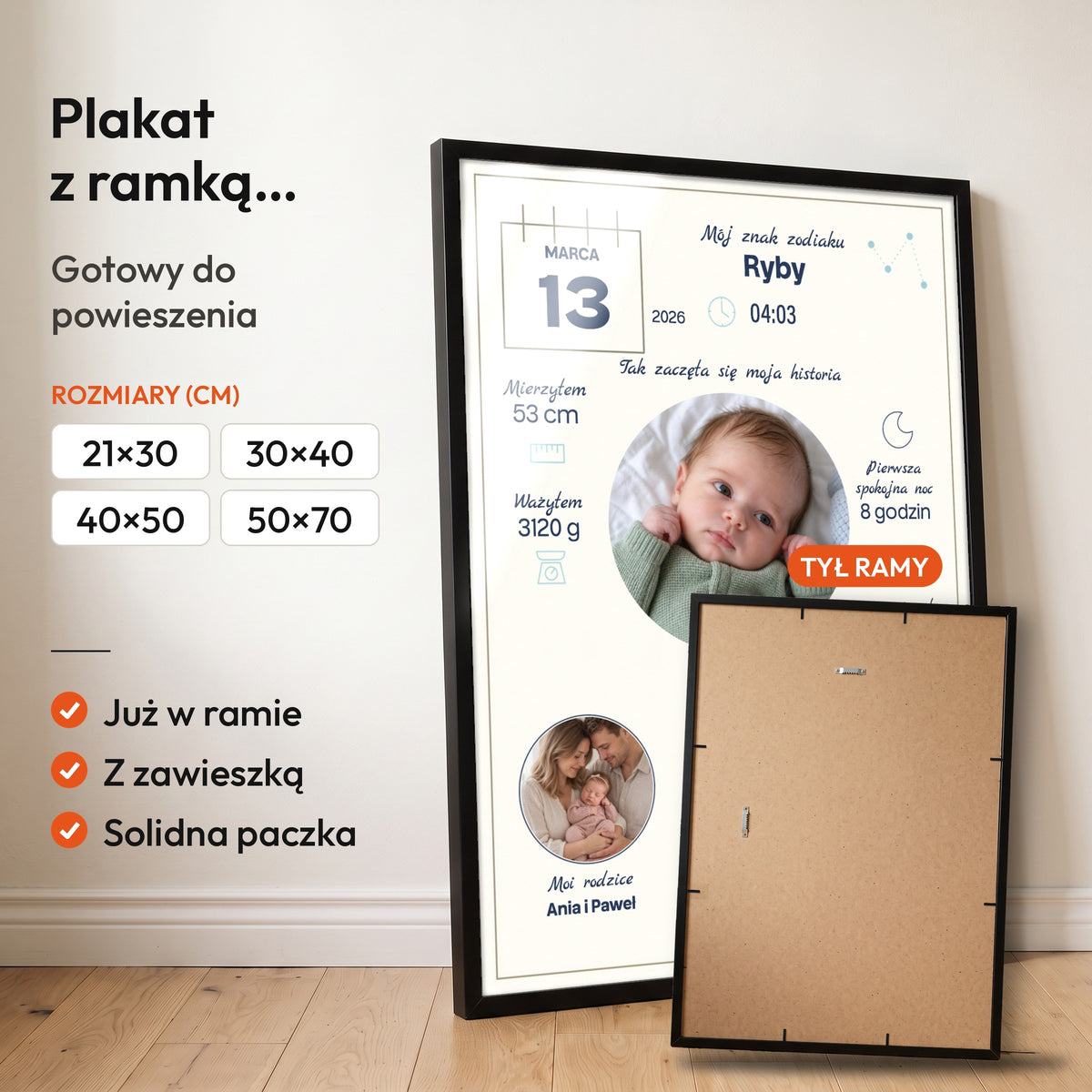 Metryczka Mój Pierwszy Dzień — plakat z ramką, gotowy do powieszenia: czarna rama od przodu i tył ramy z zawieszką. C-PL-BABY-17-2130-NF
