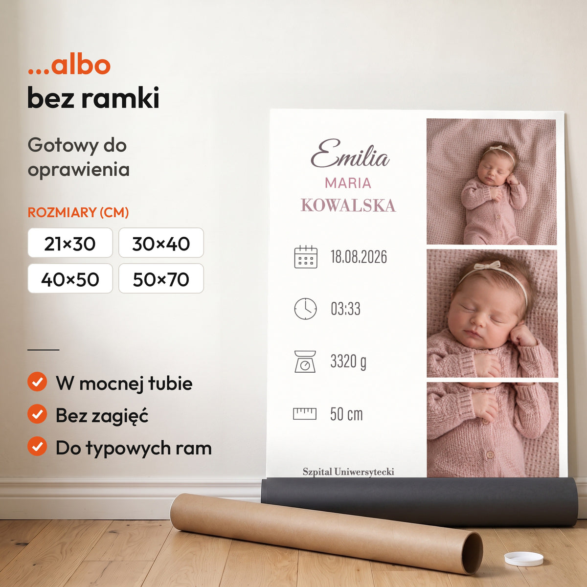 Metryczka Różowy Album — plakat bez ramki, gotowy do oprawienia: rozwinięty z rolki, obok tuba do wysyłki. C-PL-BABY-18-2130-NF