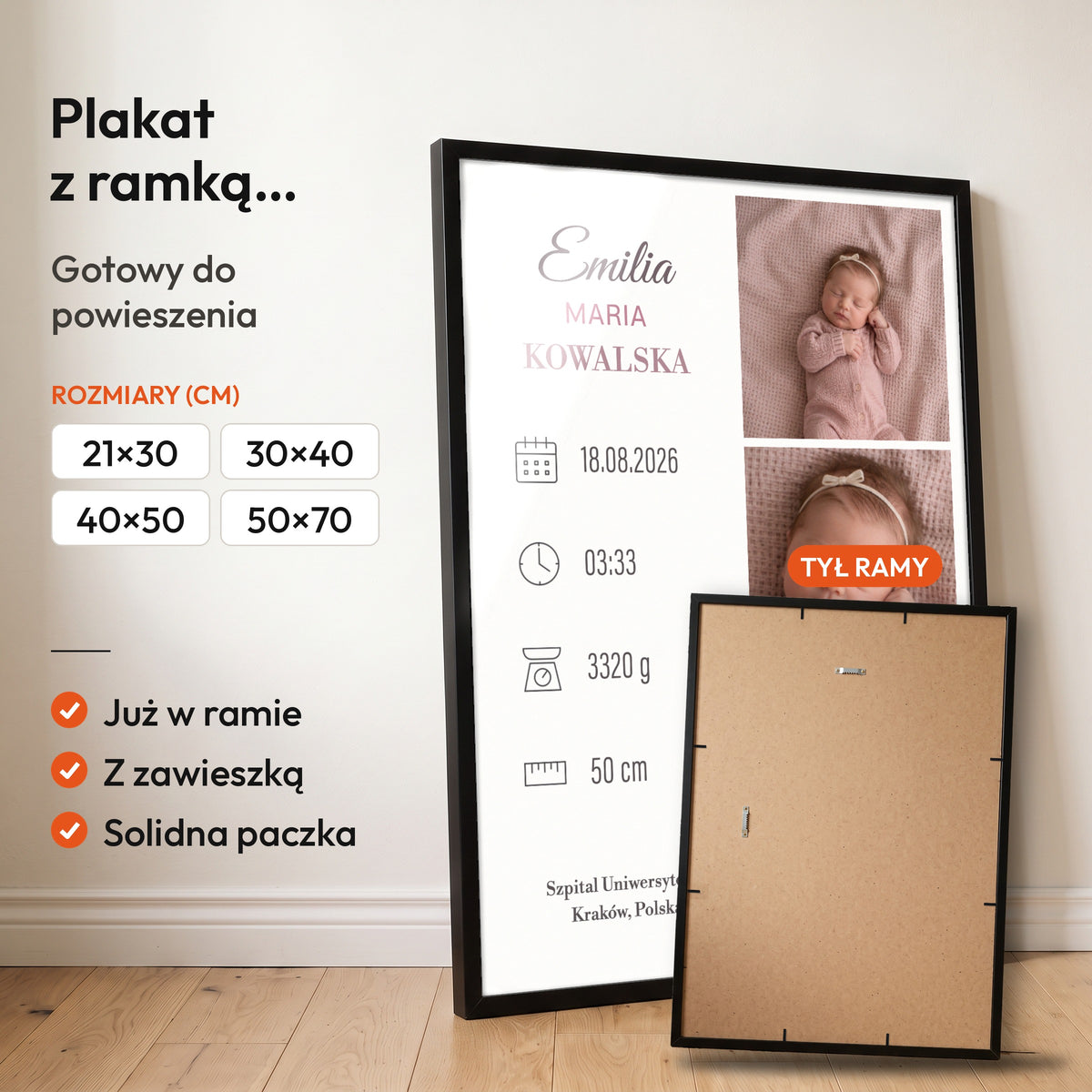 Metryczka Różowy Album — plakat z ramką, gotowy do powieszenia: czarna rama od przodu i tył ramy z zawieszką. C-PL-BABY-18-2130-NF