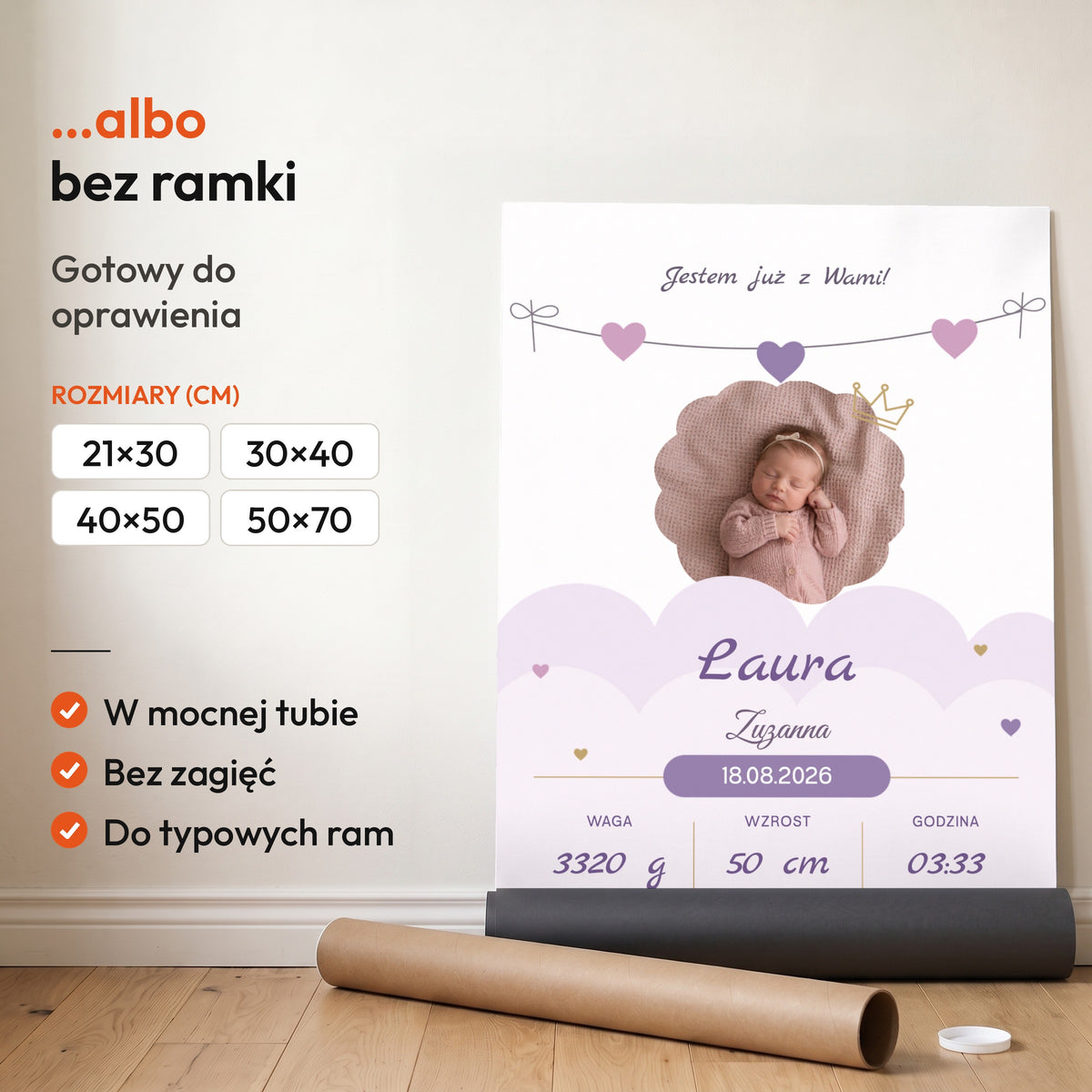 Metryczka Lawendowe Chmurki — plakat bez ramki, gotowy do oprawienia: rozwinięty z rolki, obok tuba do wysyłki. C-PL-BABY-19-2130-NF