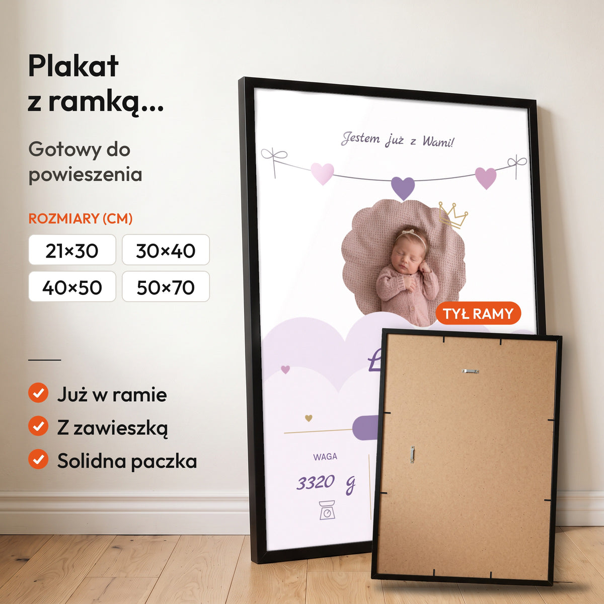 Metryczka Lawendowe Chmurki — plakat z ramką, gotowy do powieszenia: czarna rama od przodu i tył ramy z zawieszką. C-PL-BABY-19-2130-NF