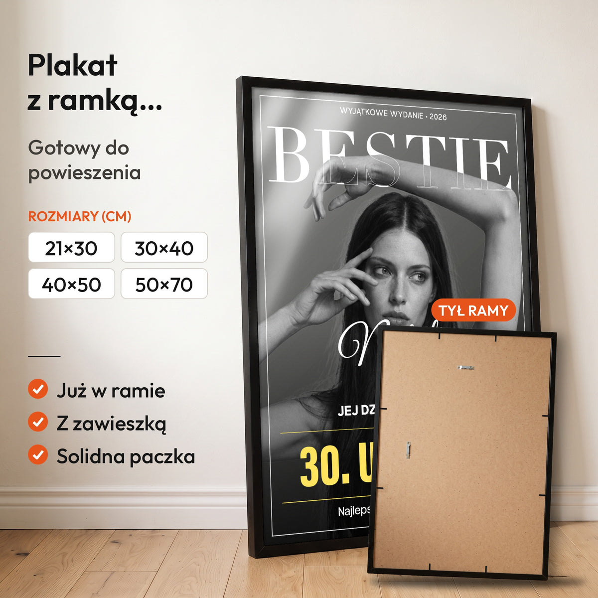 BESTIE — plakat z ramką, gotowy do powieszenia: czarna rama od przodu i tył ramy z zawieszką. C-PL-COVMAG-53-2130-NF
