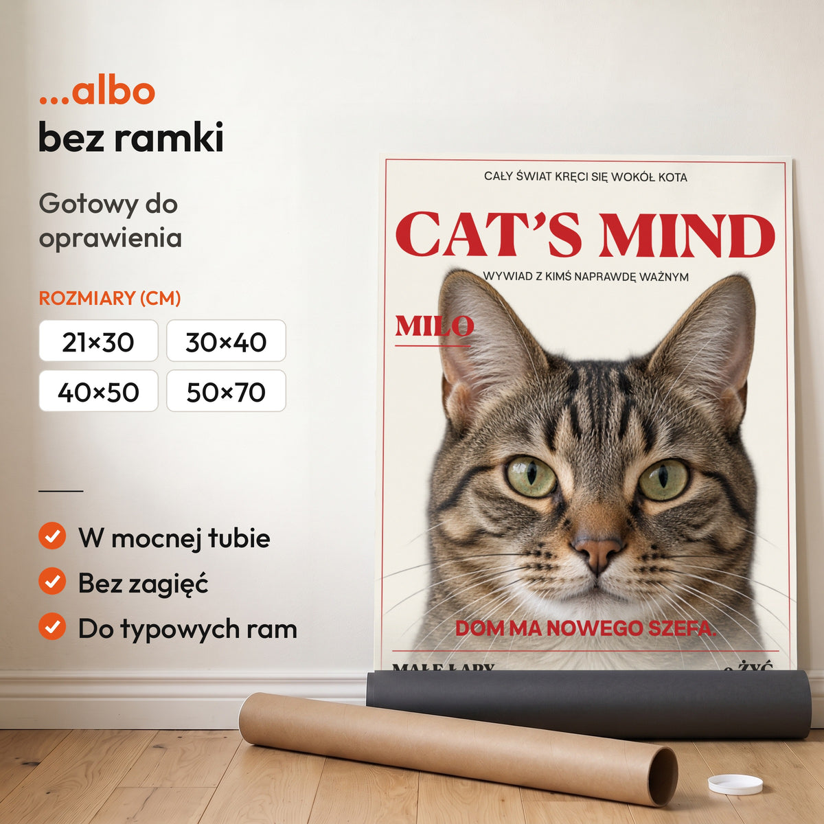 Cat’s Mind — plakat bez ramki, gotowy do oprawienia: rozwinięty z rolki, obok tuba do wysyłki. C-PL-PET-8-2130-NF