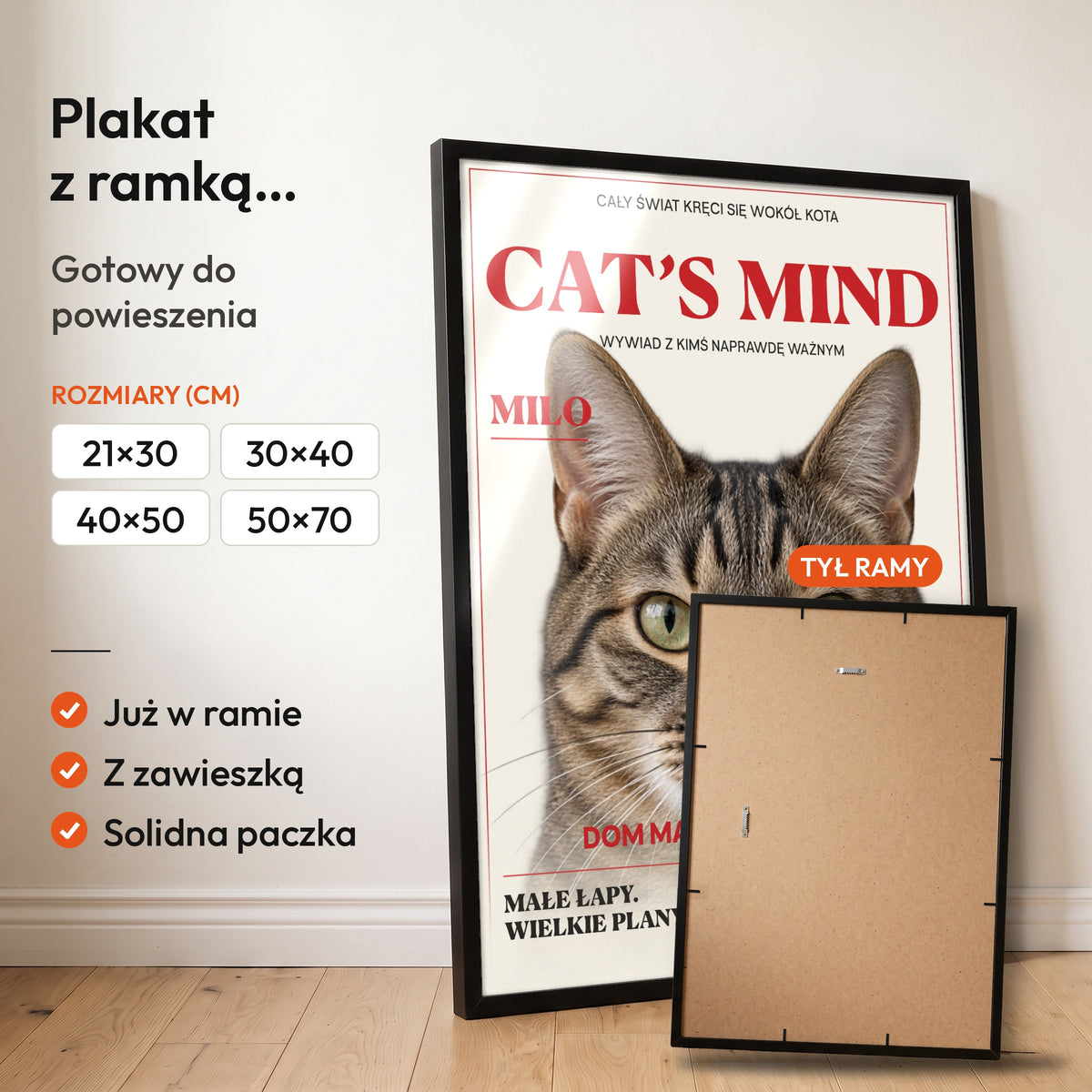 Cat’s Mind — plakat z ramką, gotowy do powieszenia: czarna rama od przodu i tył ramy z zawieszką. C-PL-PET-8-2130-NF