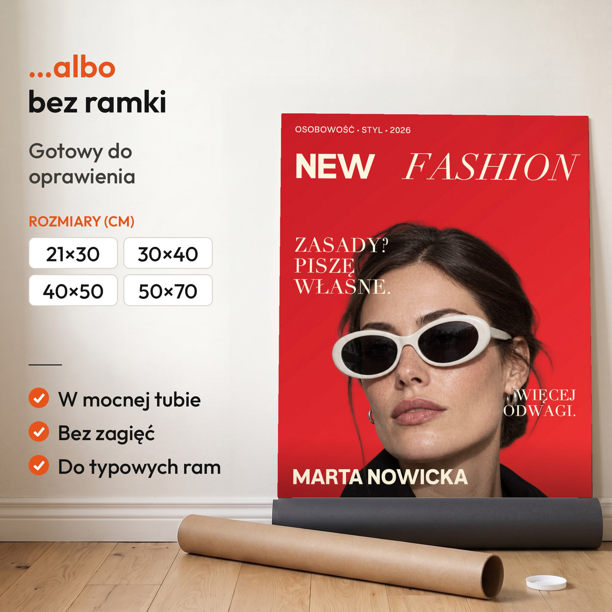 New Fashion — plakat bez ramki, gotowy do oprawienia: rozwinięty z rolki, obok tuba do wysyłki. C-PL-COVMAG-54-2130-NF