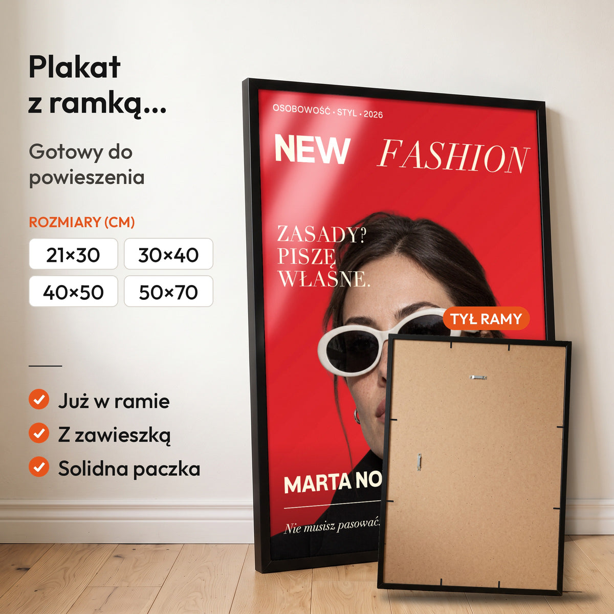New Fashion — plakat z ramką, gotowy do powieszenia: czarna rama od przodu i tył ramy z zawieszką. C-PL-COVMAG-54-2130-NF