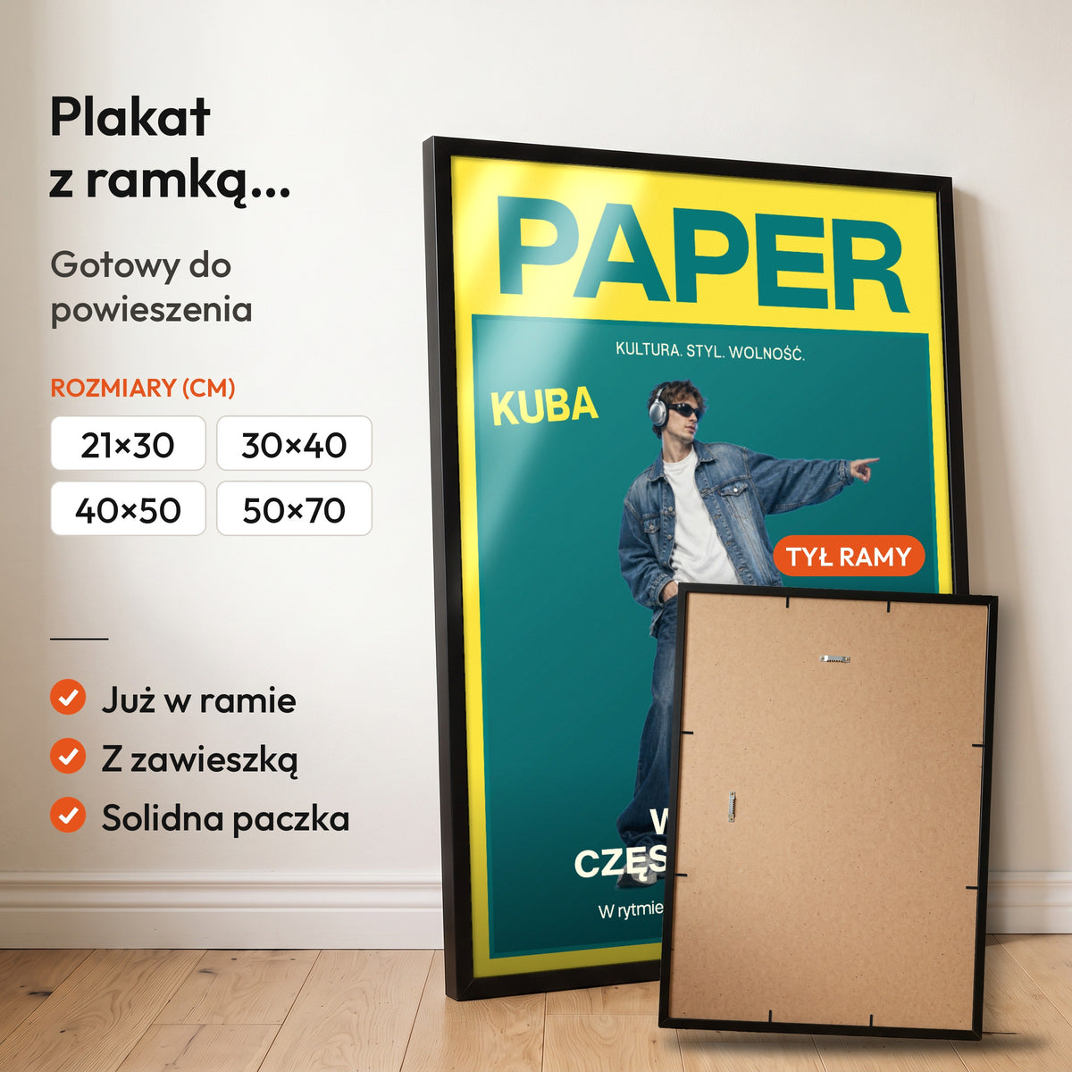 Paper — plakat z ramką, gotowy do powieszenia: czarna rama od przodu i tył ramy z zawieszką. C-PL-COVMAG-56-2130-NF