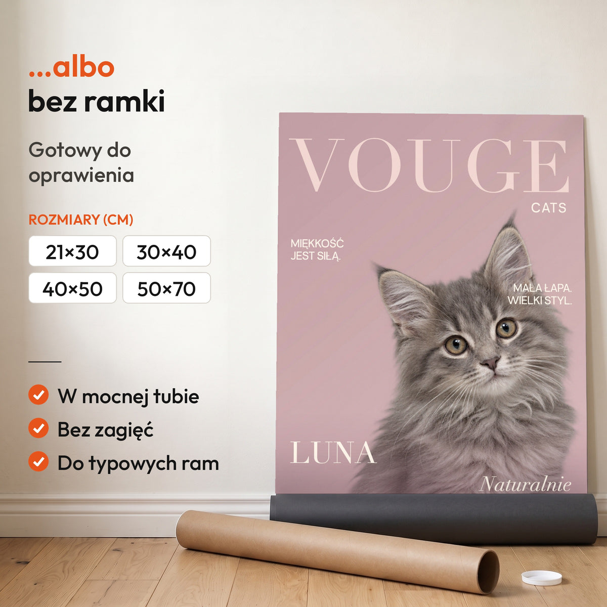 Vouge Cats — plakat bez ramki, gotowy do oprawienia: rozwinięty z rolki, obok tuba do wysyłki. C-PL-PET-9-2130-NF